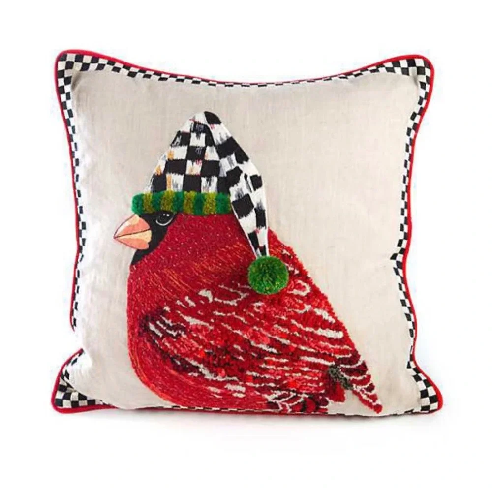 Mackenzie Childs‎ Night Cap Cardinal Pillow 20x20 Christmas Courtly Check Velvet